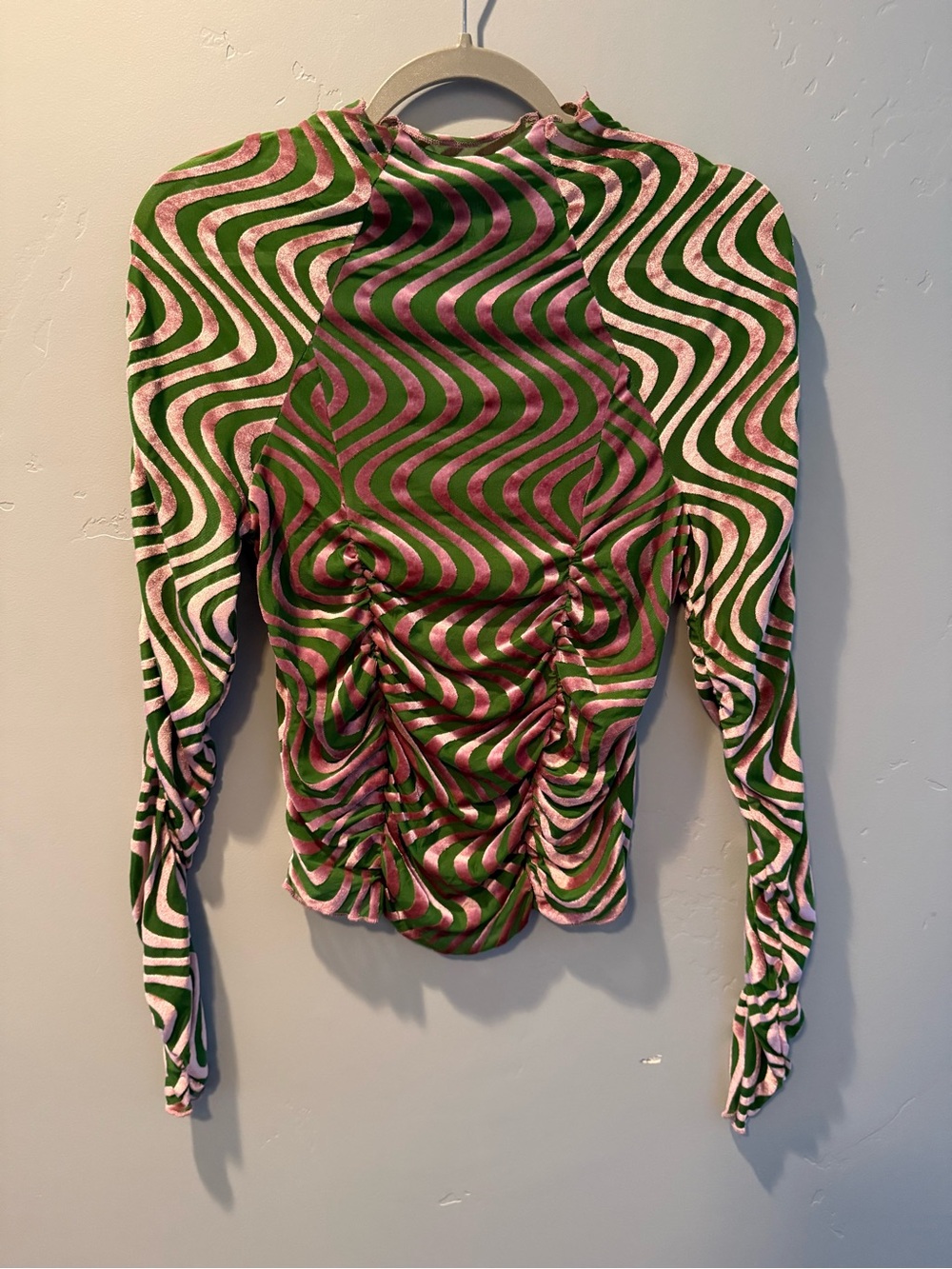 Urban Outfitters Ruched Long-Sleeve Wave Print Top in Green and Pink